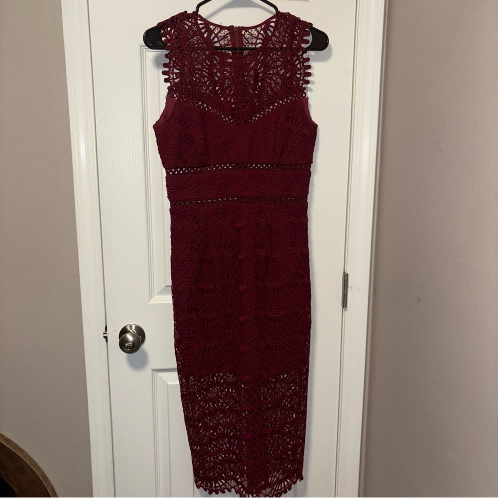 Bardot Lace Midi Dress in Rich Burgundy